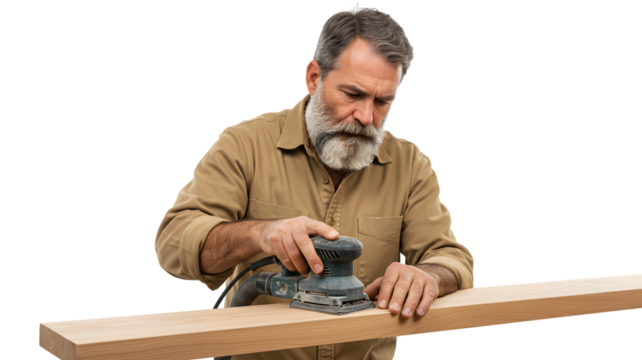 Man sanding wood with orbital sander woodworking project diy craftsman carpentry hobbyist woodworker project 99 on transparent background