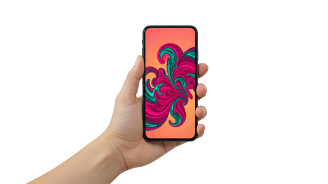 Hand holding smartphone with colorful abstract art wallpaper mobile phone device display technology on transparent background