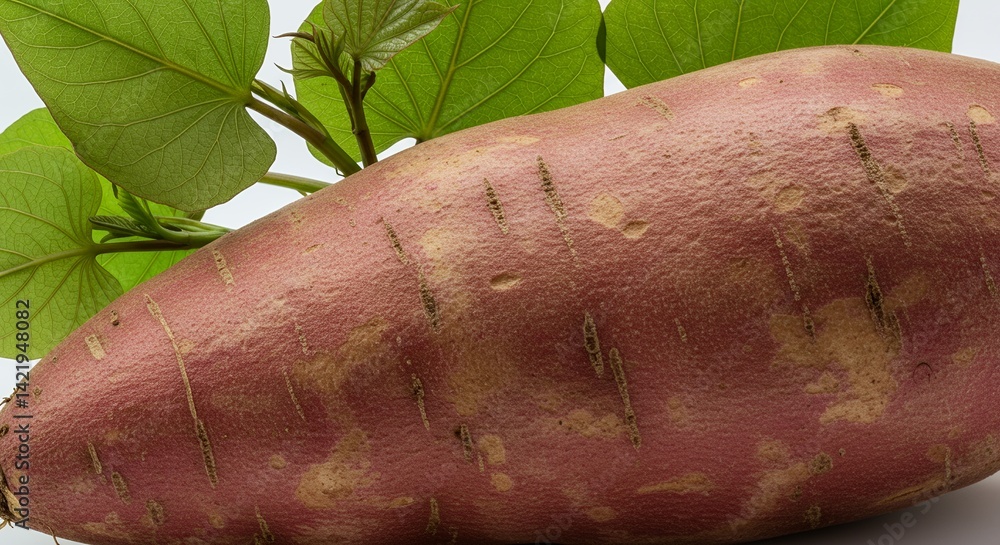 Poster detailed close up of a sweet potato displaying root texture and leaf shape on white backdrop ideal f