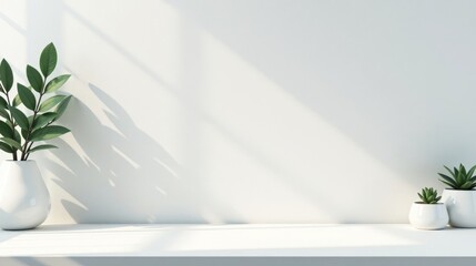 Minimalist Home Decor Bright Sunlight Illuminates a Clean, White Shelf with Simple Potted Plants