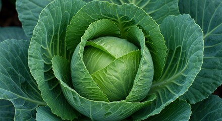 Obraz premium Detailed Close Up of a Vibrant Green Cabbage Head Showing Leaf Layers Perfect for Food and Nutrition Projects