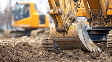 Fototapeta premium Construction Excavator Digging Soil at a Work Site