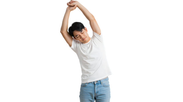 Man stretching arms overhead for fitness and wellness routine against a plain background studio shot on transparent background