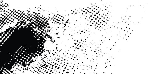 Grunge black and white distress. Dot texture background. Halftone dotted grunge texture. Grunge texture on distress back background. Glitch distorted grange shape. Dust and dots screen print texture.