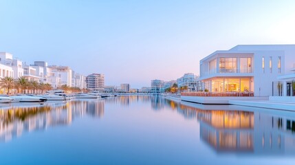 Obraz premium Tranquil waterfront community at dawn. Modern villas and yachts reflecting on calm water