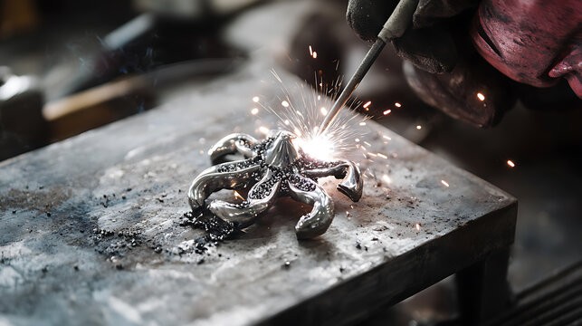 Metalworker Welding a Starfish Sculpture