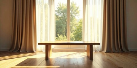 Serene Sunlight Illuminates Minimalist Wooden Bench in Room with Sheer Curtains and Hardwood Floor