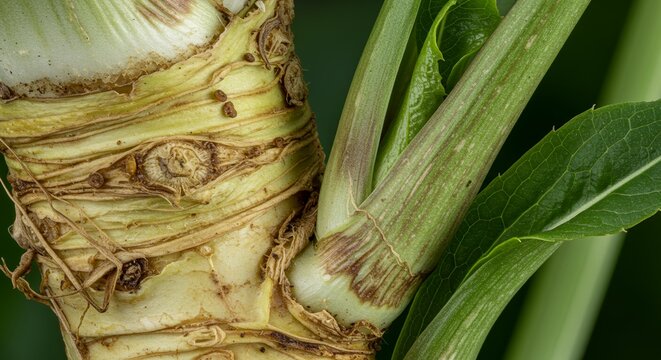 Detailed Close Up of Horseradish Armoracia Rusticana Root Structure and Leaf Arrangement in Green Tones Perfect for Botanical Education and Organic Ingredient Display