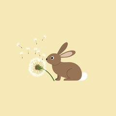 Fototapeta premium Brown rabbit interacting with dandelion seeds on pale yellow background in simple nature illustration
