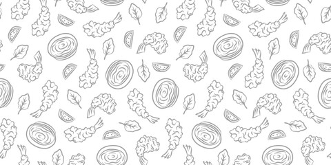 Seamless Tempura Shrimp Doodle Pattern background. Seafood Pattern Design. Fried Shrimp Seamless pattern Background. Crunchy Tempura Doodle Pattern.