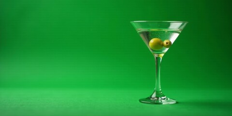 A refreshing martini cocktail garnished with olives, presented against a vibrant green backdrop