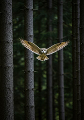 A majestic owl gliding silently mid-flight through a dense forest, wings outstretched, soft motion blur and natural light. Ideal for Earth Day, wildlife conservation, education, and nature campaigns.