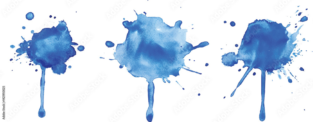 Poster 3 set of blue watercolor brush strokes isolated on a white background. vector watercolor paint splas
