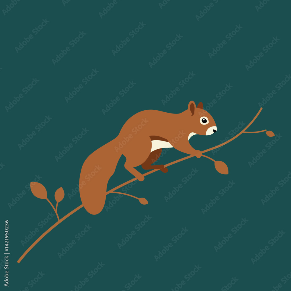 Poster red squirrel climbing on bare brown branch with green background simple vector illustration