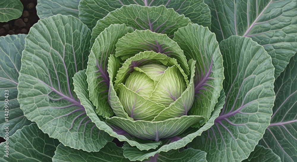 Poster detailed close up of vibrant green cabbage head displaying intricate leaf layers and unique formatio