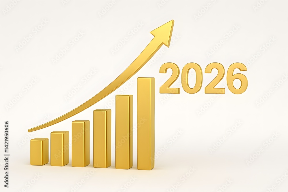 Poster golden bar chart with upward arrow and year 2026 presentation