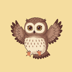 Fototapeta premium Cute cartoon owl with spread wings in brown and beige tones on light background illustration