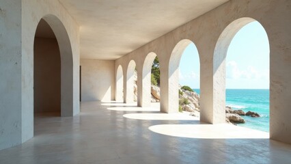 Fototapeta premium Serene Coastal Colonnade with Sunlit Archways Offering Tranquil Ocean Views