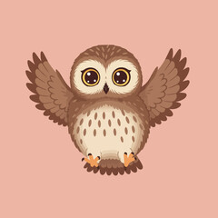 Obraz premium Cartoon owl with raised wings and big eyes on pink background digital illustration in square format 