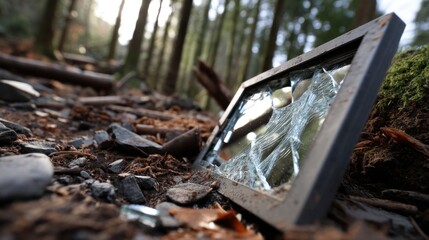 Broken mirror shattered on forest ground with blurred trees background, environmental damage and glass debris