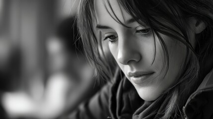 Obraz premium Close-up Black and White Portrait of a Young Woman with Wet Hair Looking Down Thoughtfully