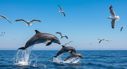 Naklejka premium Dolphins Jumping Out of Ocean Water with Seabirds Flying