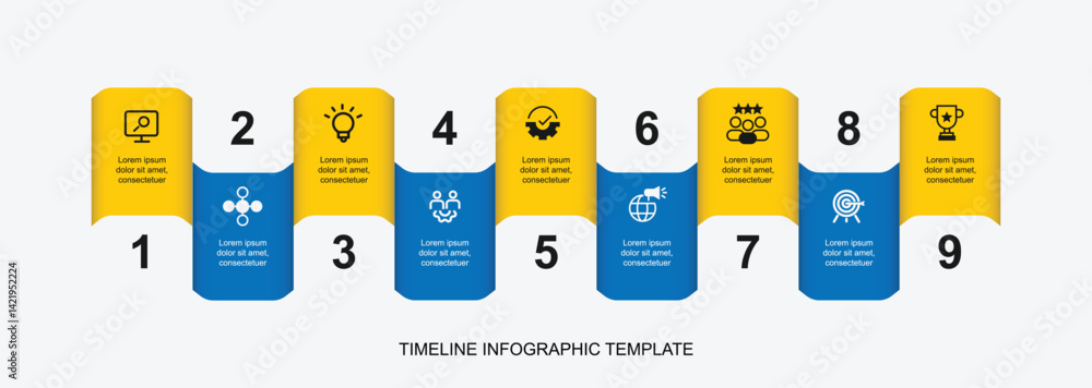 Poster 9 step slide modern infographic template vector element with icons suitable for business information and web presentation.