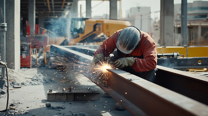 Construction Worker Welding Steel Beams