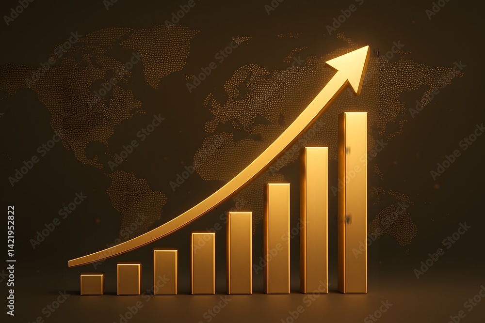 Poster golden growth chart with arrow and world map background