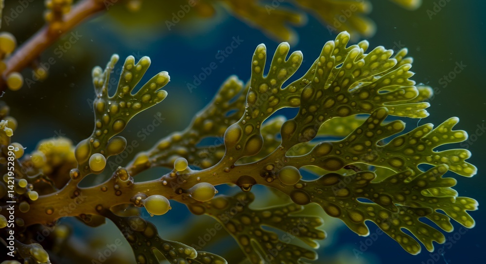 Poster detailed olive green sargassum seaweed displays intricate leaf structure and growth patterns in a bl