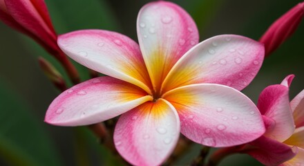 Fototapeta premium Detailed Pink and Yellow Plumeria Rubra Flower with Water Droplets Emphasizing the Delicate Petal Texture in Soft Lighting with Blurred Green Foliage Botanical Close Up