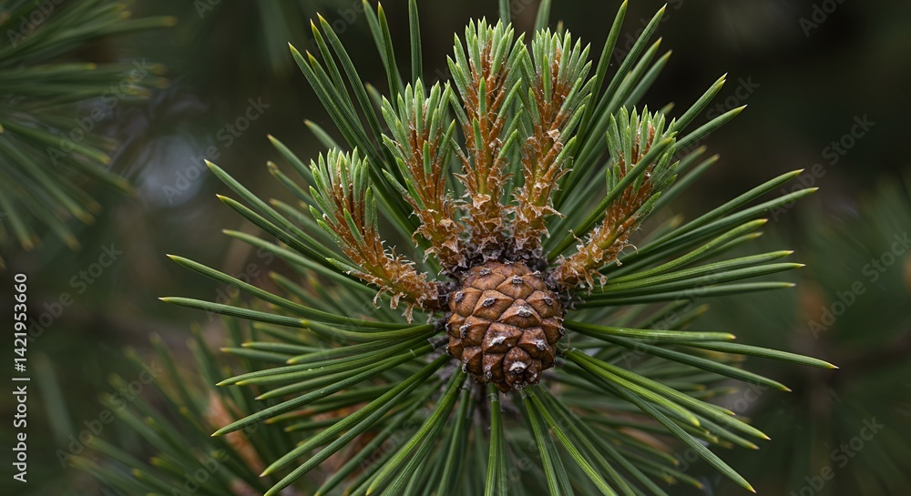 Poster detailed scots pine cone with fresh green needles in natural light captured in a sharp macro image s