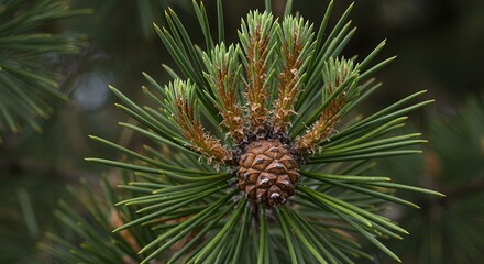 Detailed Scots Pine Cone with Fresh Green Needles in Natural Light Captured in a sharp Macro Image Showcasing Intricate Botanical Texture and Growth in a Lush Woodland Setting