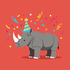 Naklejka premium Rhinoceros wearing party hat with colorful confetti celebration fun animal vector illustration 