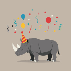 Rhinoceros wearing party hat with colorful balloons and confetti festive celebration illustration vector 