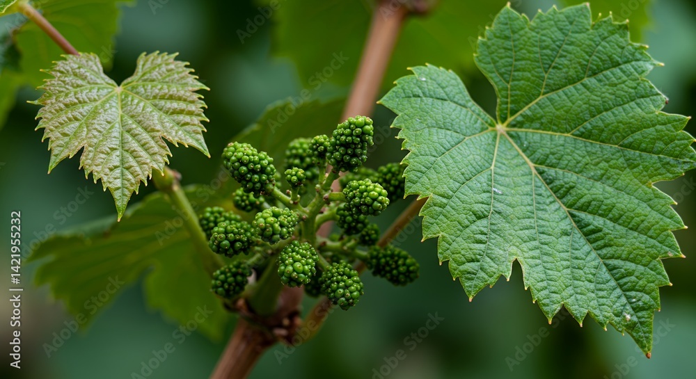 Poster grape vitis vinifera showing detailed cluster formation and leaf veins close up on a vine branch wit