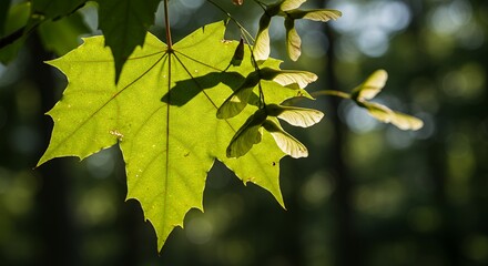 Obraz premium Green Maple Leaf Close Up Depicting Veins and Seed Samaras in Natural Sunlight with a Soft Forest Backdrop Botanical Detailed Capture Perfect for Decoration