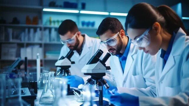 Lab Research Team: A focused team of scientists, clad in lab coats and safety goggles, collaborates intensely on a groundbreaking research project using microscopes and laboratory equipment.