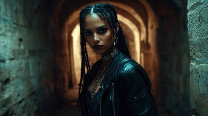 Gothic woman with dark braided hair, wearing a black leather jacket standing in the hallway background wallpaper AI generated image