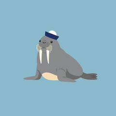 Walrus wearing blue sailor hat sitting on light blue background vector illustration with marine theme and playful style 
