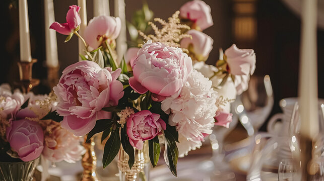 Wedding decoration with peonies, floral decor and event celebration, peony flowers and wedding ceremony in the garden, English country style