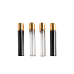 Obraz premium Three Elegant Perfume Bottles with Gold Caps - Black, Clear, and Frosted Glass