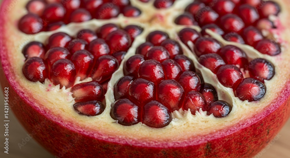 Poster pomegranate half displaying seeds and arils with intense red hue on wooden surface under soft natura