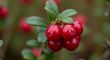 Ripe Cranberries Cluster with Lush Green Leaves Detailed Macro Photography Emphasizing Fruit Texture Color and Natural Beauty with Soft Blurred Background Perfect for Stock Photos