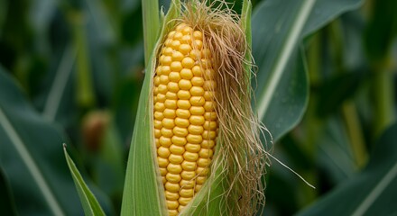 Ripe Yellow Corn Ear Surrounded by Green Leaves in Field Agriculture Harvest and Plant Nutrition Fresh Ingredient Perfect for Decoration and Symbolizing Harvest Season