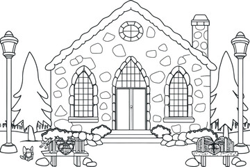 Charming Winter Wonderland Stone Cottage Coloring Page