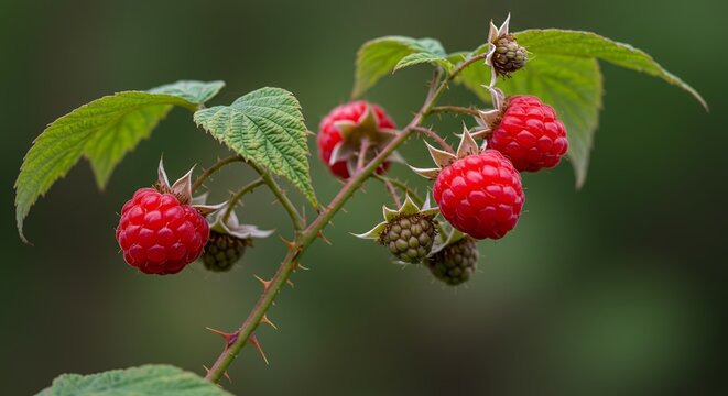 Ripe Red Raspberries on a Thorny Branch Close Up View Featuring Aggregate Fruits and Stems with a Blurred Green Background Emphasizing Freshness and Natural Beauty