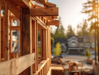 Emerging wooden frame of a house under construction, symbolizing progress and new beginnings. Ideal for real estate, construction industry, home building, and investment.