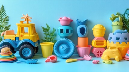 Colorful plastic toys arranged on a blue background.