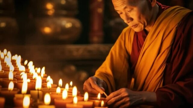 Spiritual Illumination: An elderly figure in traditional robes, immersed in the act of lighting a row of candles, surrounded by the soft glow of candlelight.